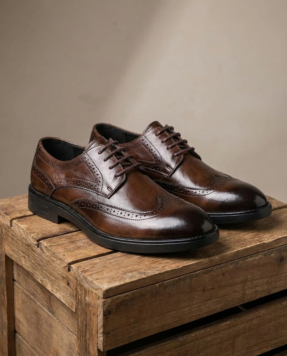 Full-Grain Leather Brogue Shoes with Wingtip Brogue Detail