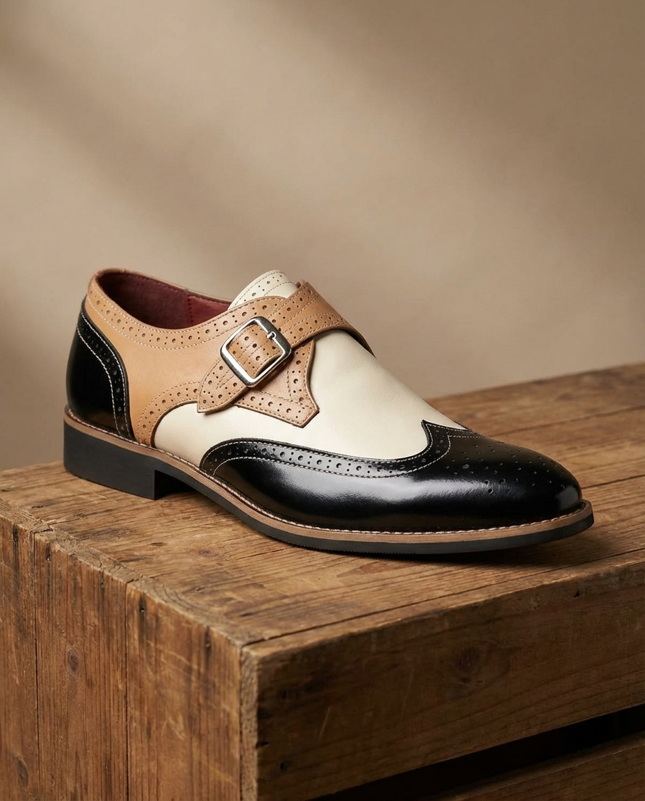 Leather Monk Strap Shoes with Wingtip Brogue Detail