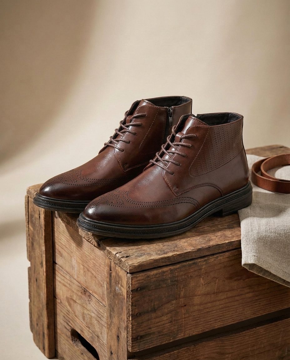 Leather Brogue Boots with Perforated Upper