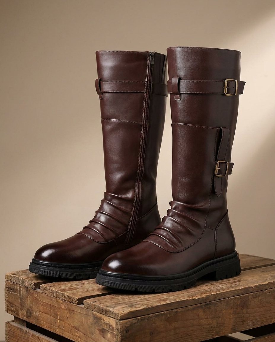 Polished Leather Boots with Lug Sole