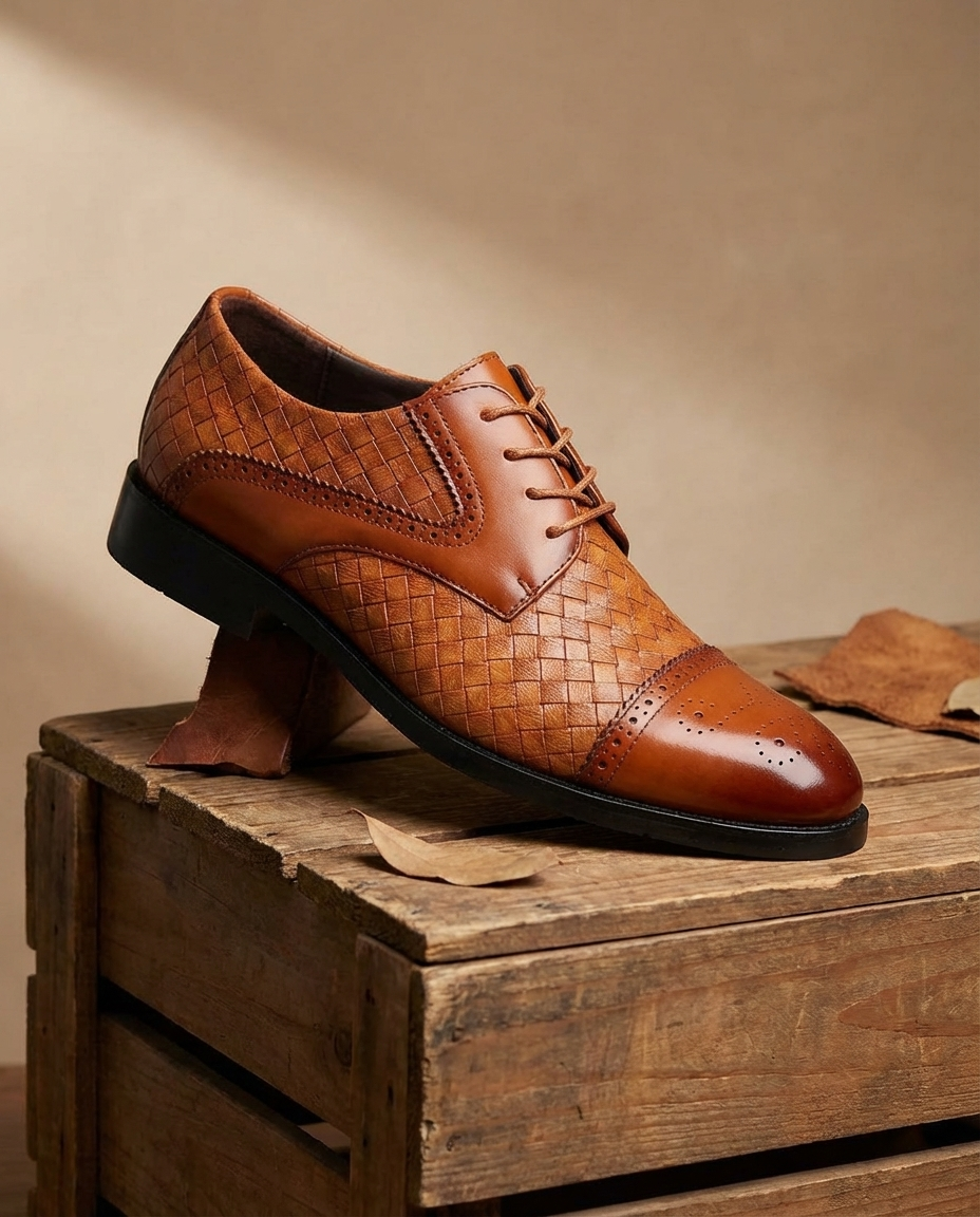 Polished Leather Oxford Shoes with Woven Detail