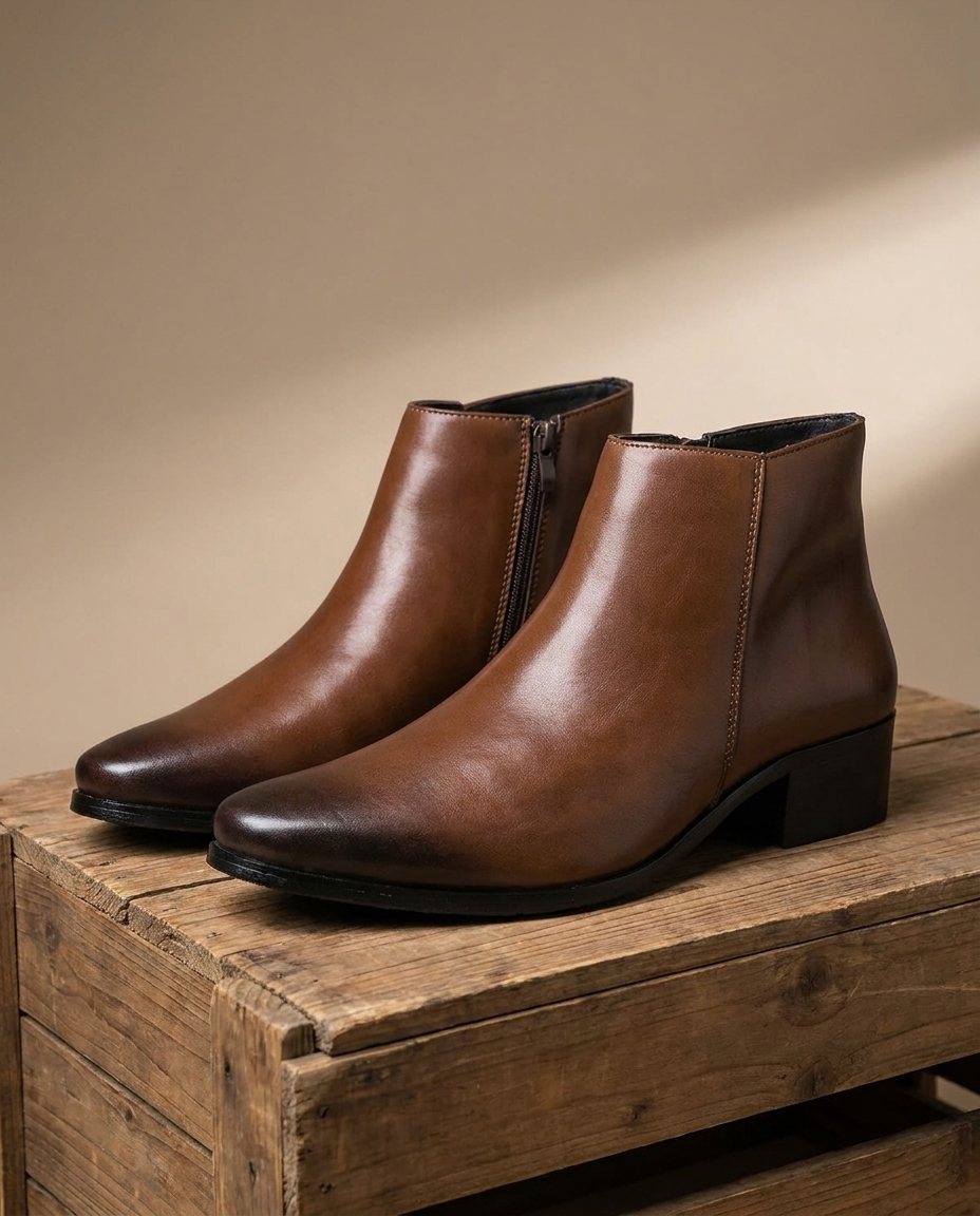 Polished Leather Boots with Side Zipper