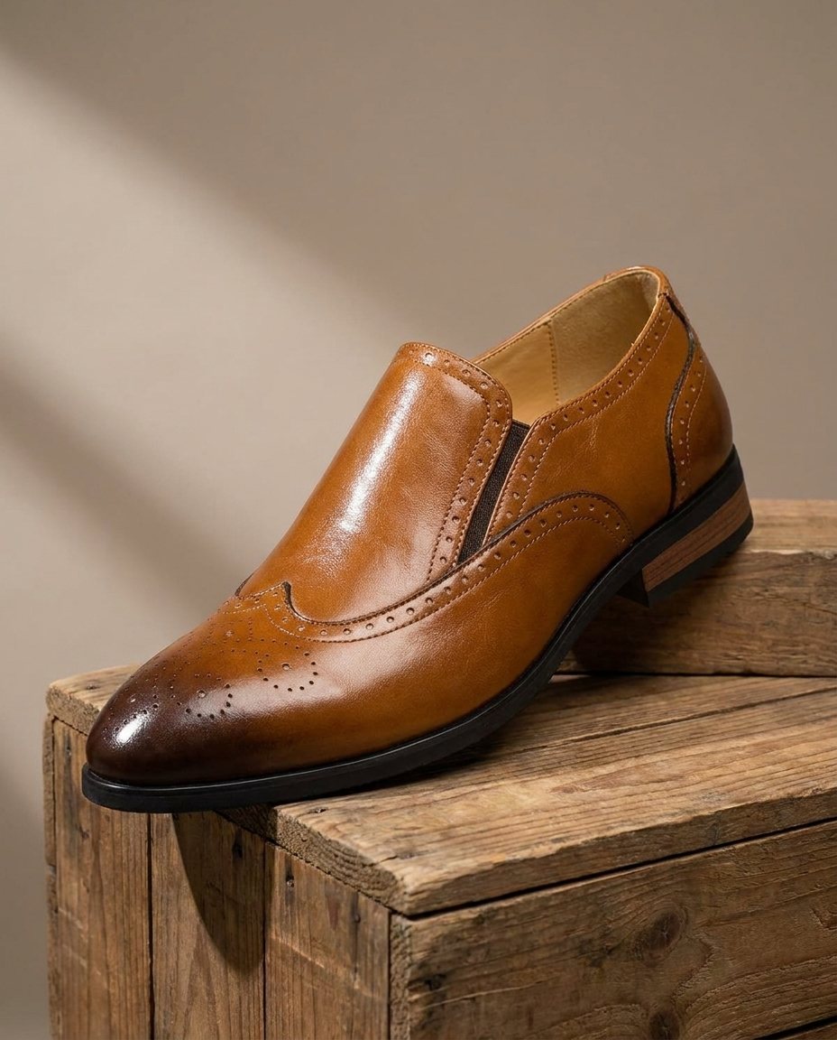 Polished Recycled Leather Brogue Shoes with Wingtip Detail