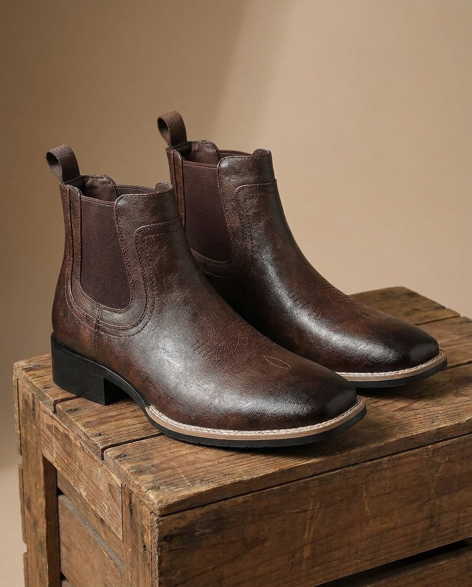 Burnished Leather Chelsea Boots with Elastic Side Panels