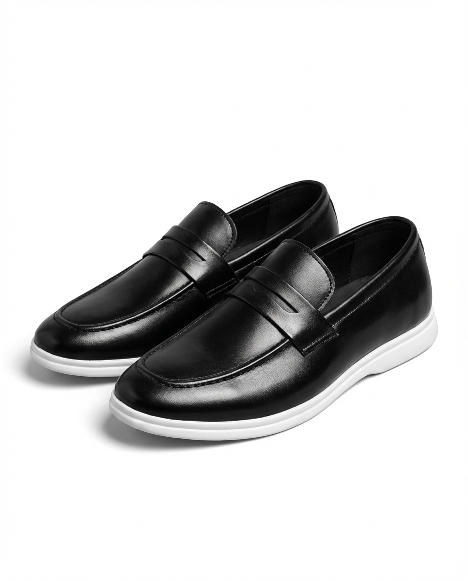 Leather Loafers with Moc-Toe Stitching and Contrast Rubber Sole