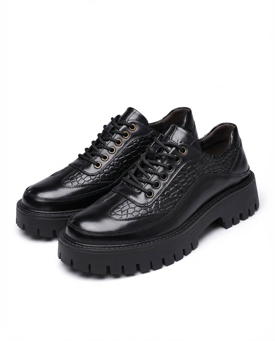Leather Derby Shoes with Croc-Embossed Texture