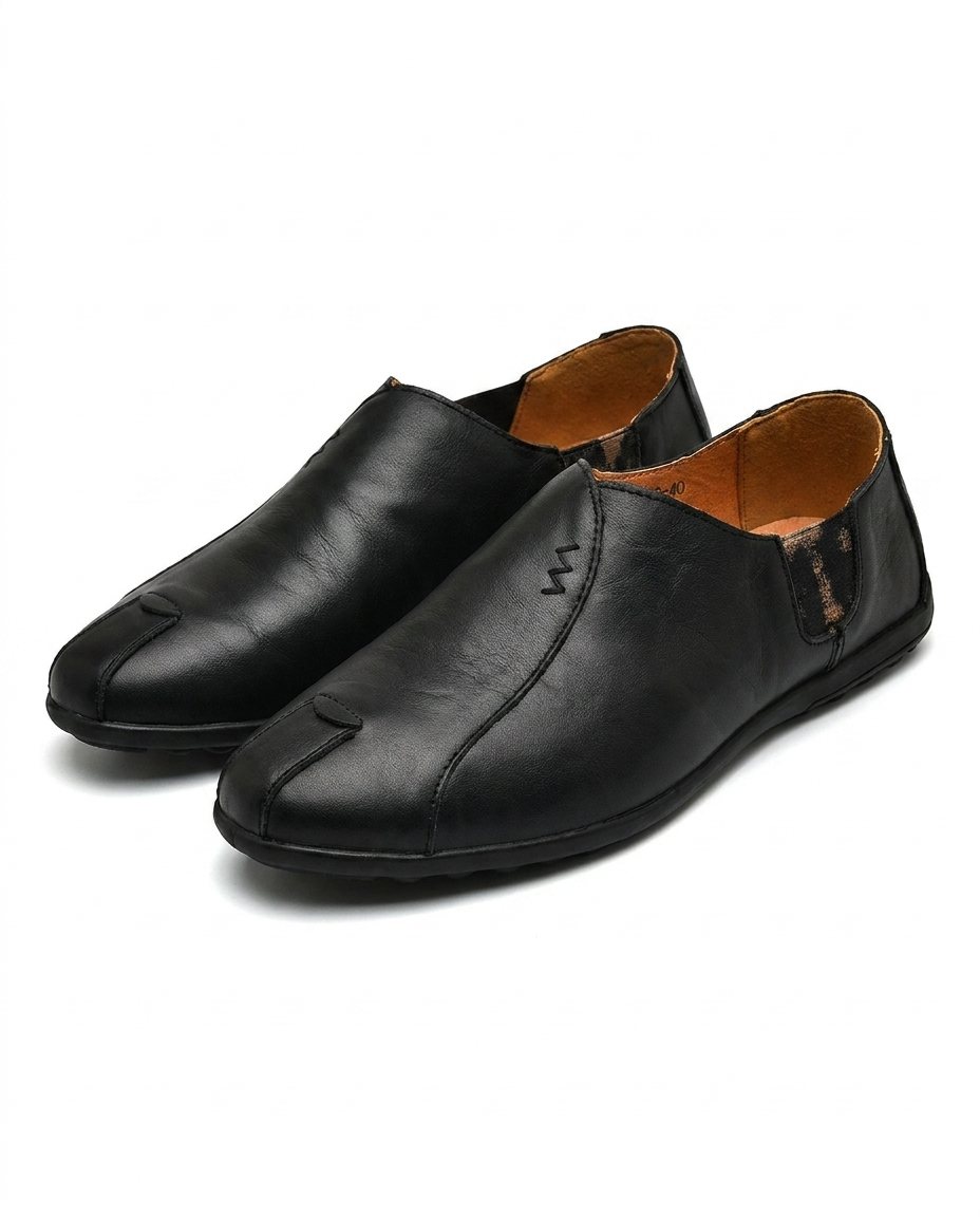 Leather Slip-On Shoes with Broken-In Comfort and Rubber Sole