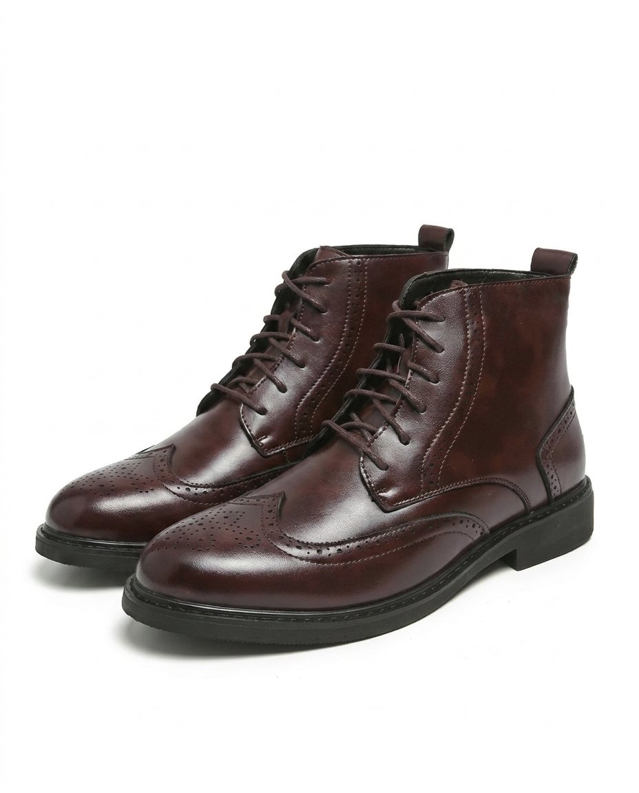 Polished Leather Brogue Boots with Lace-Up Closure