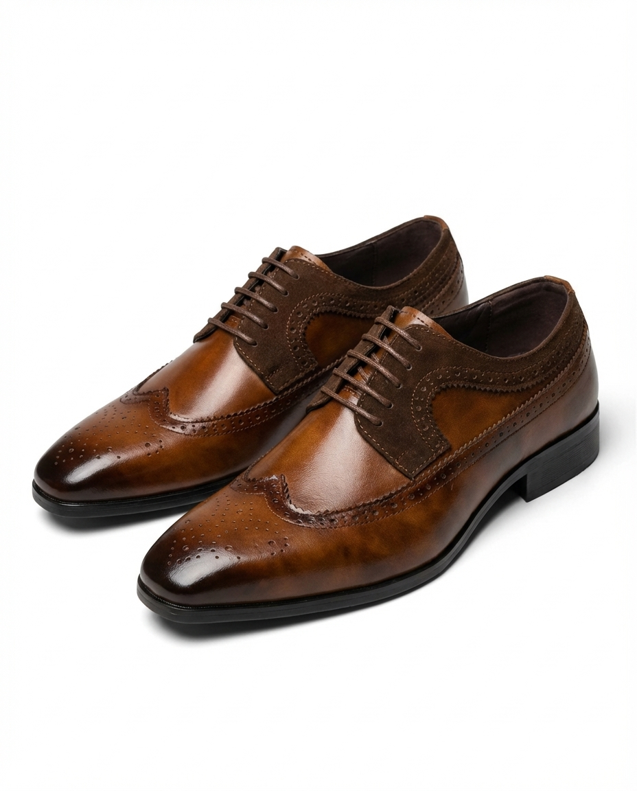 Burnished Leather Brogue Shoes with Wingtip Brogue Detail