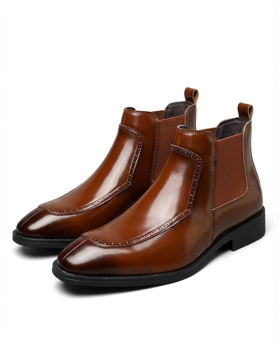 Leather Chelsea Boots with Brogue Detailing and Elastic Side Panels