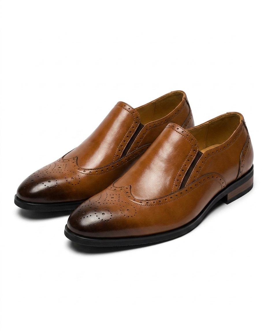 Polished Recycled Leather Brogue Shoes with Wingtip Detail