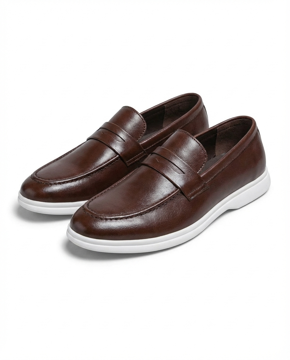 Leather Loafers with Moc-Toe Stitching and Contrast Rubber Sole