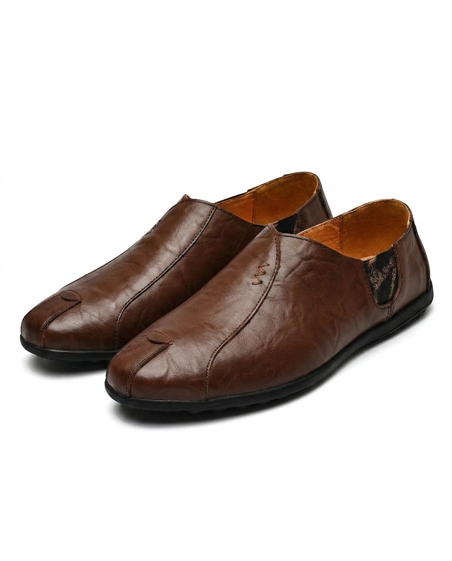 Leather Slip-On Shoes with Broken-In Comfort and Rubber Sole