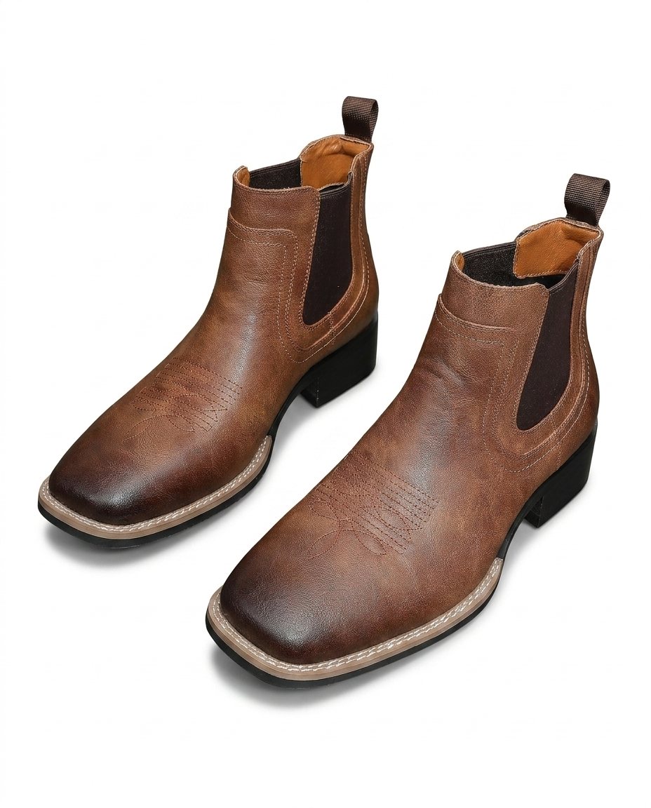 Burnished Leather Chelsea Boots with Elastic Side Panels