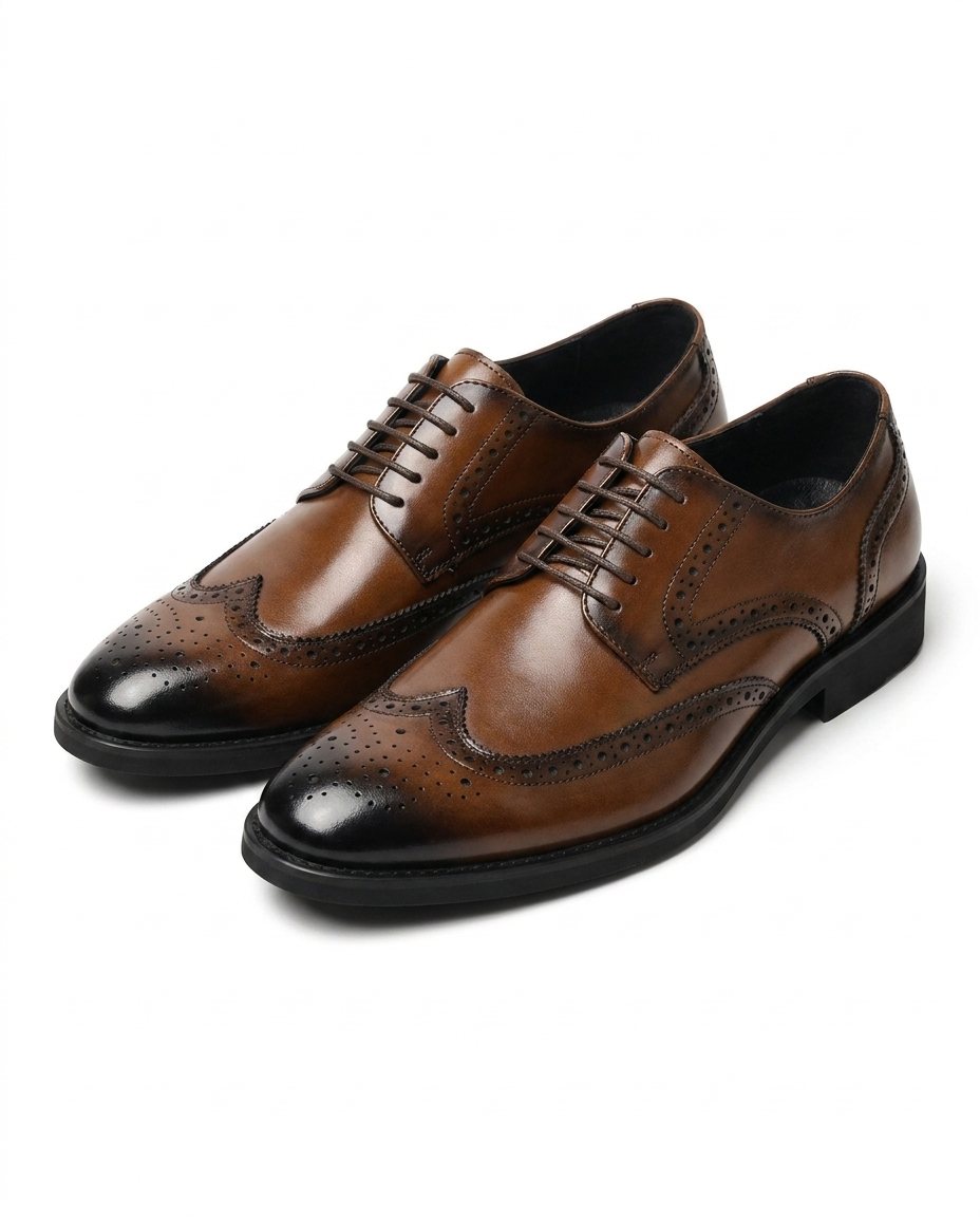 Full-Grain Cowhide Leather Brogue Shoes with Wingtip Brogue Detail