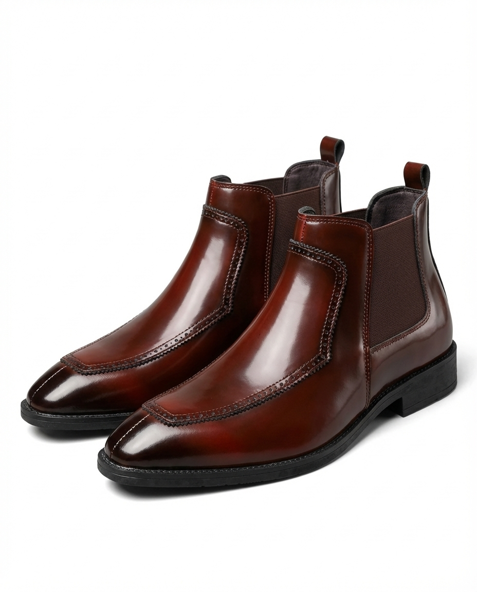 Leather Chelsea Boots with Brogue Detailing and Elastic Side Panels