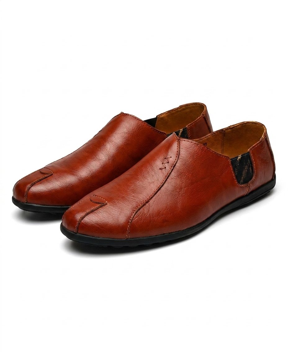 Leather Slip-On Shoes with Broken-In Comfort and Rubber Sole