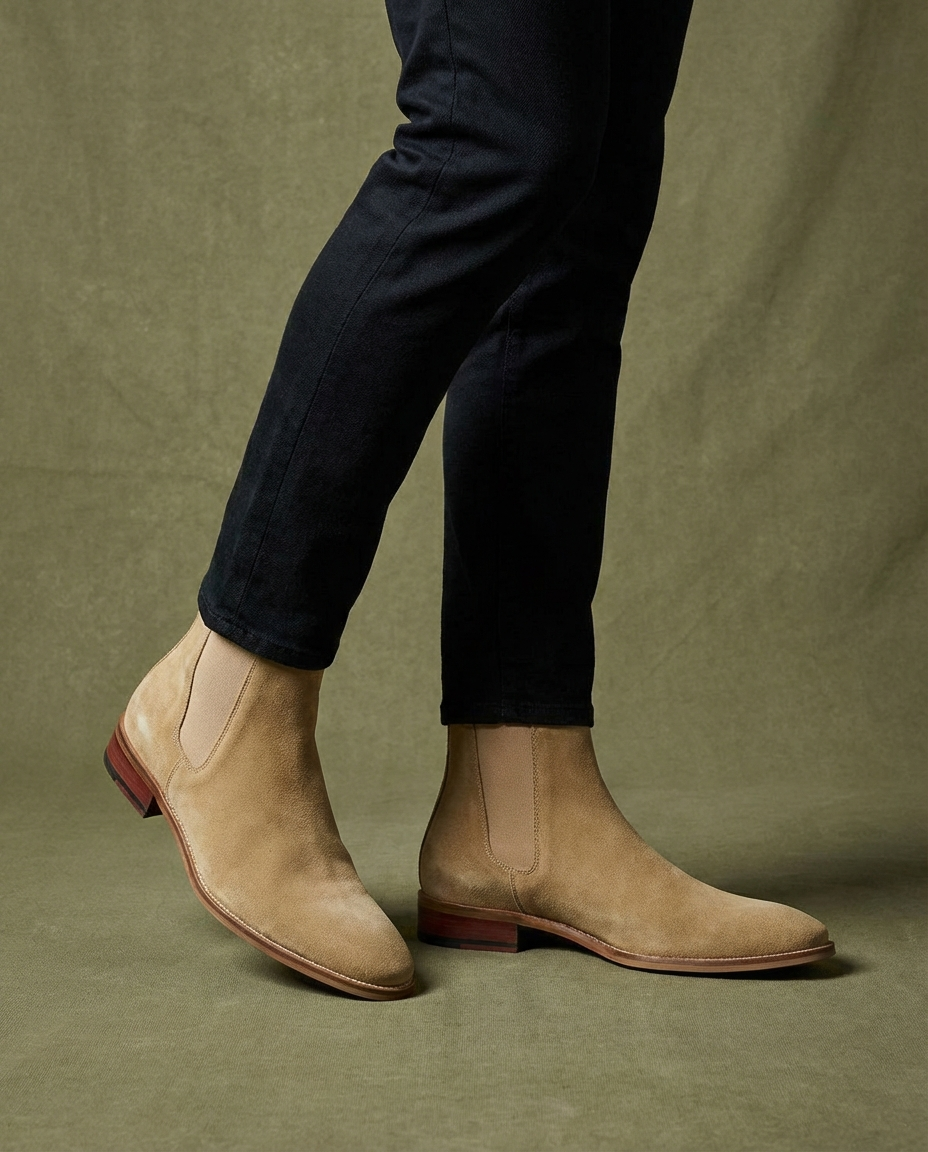 Suede Leather Chelsea Boots with Elastic Side Panels