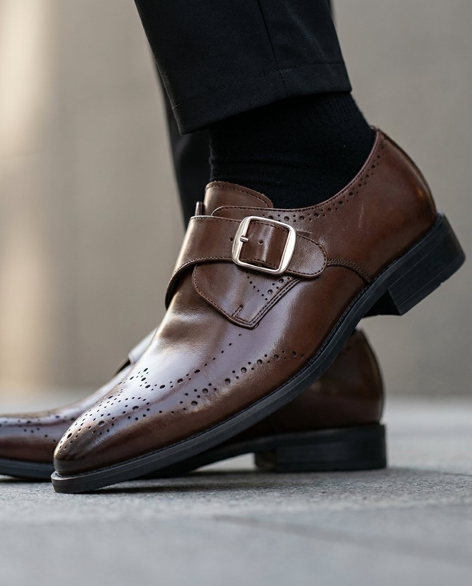 Full-Grain Leather Monk Strap Shoes with Buckle Strap
