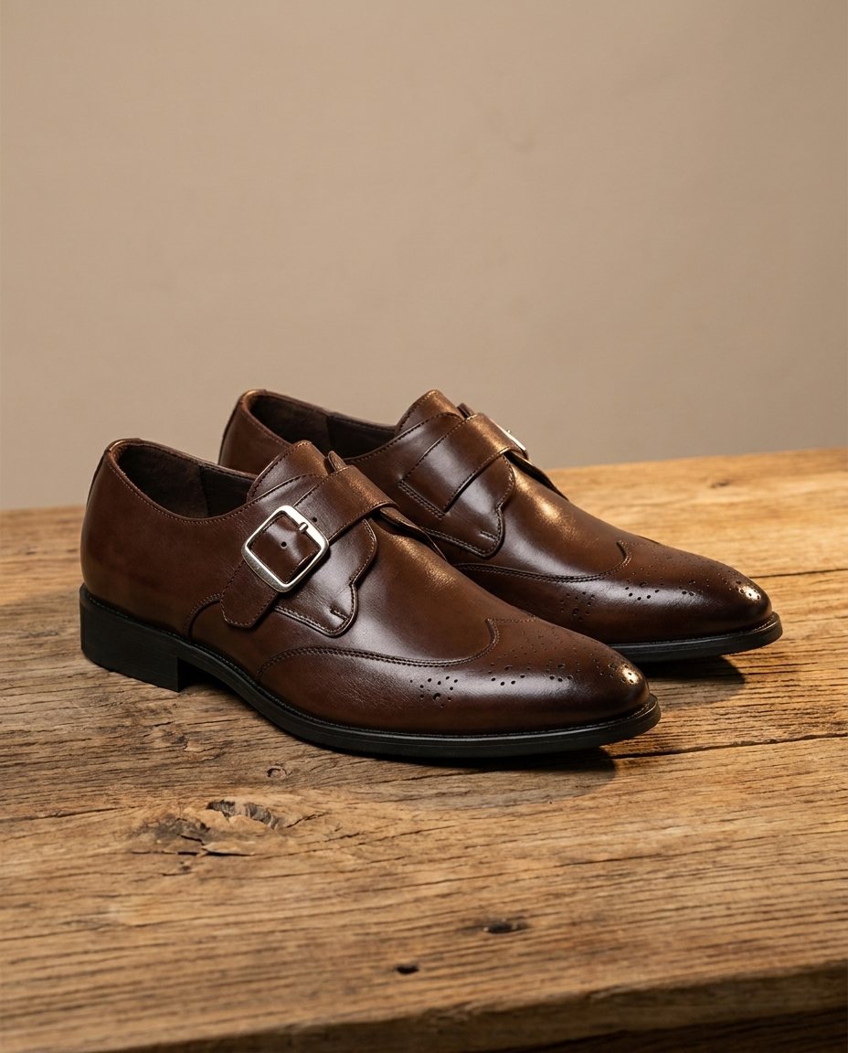 Full-Grain Leather Monk Strap Shoes with Buckle Strap
