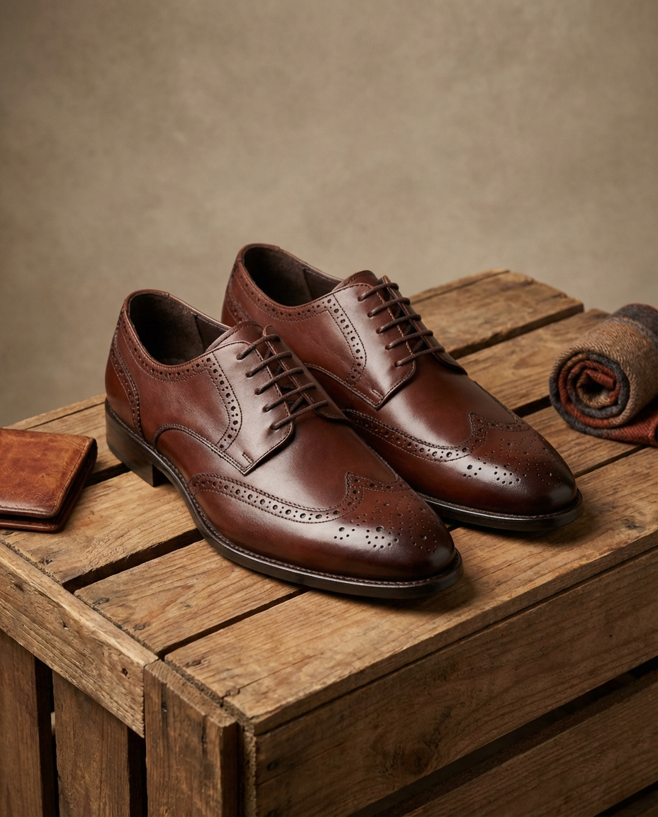 Full-Grain Leather Brogue Shoes with Patina Finish