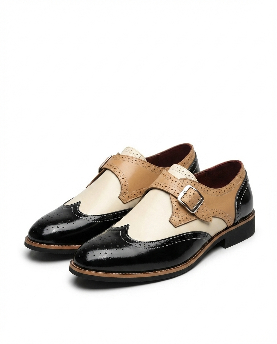 Leather Monk Strap Shoes with Wingtip Brogue Detail