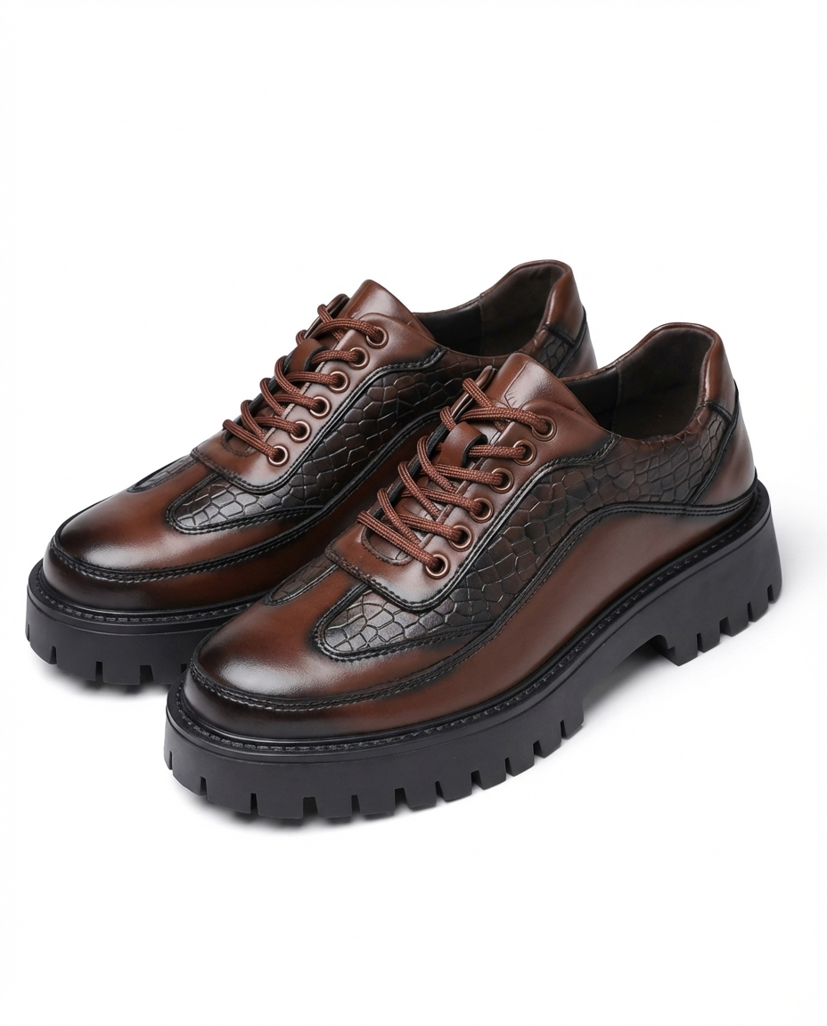 Leather Derby Shoes with Croc-Embossed Texture