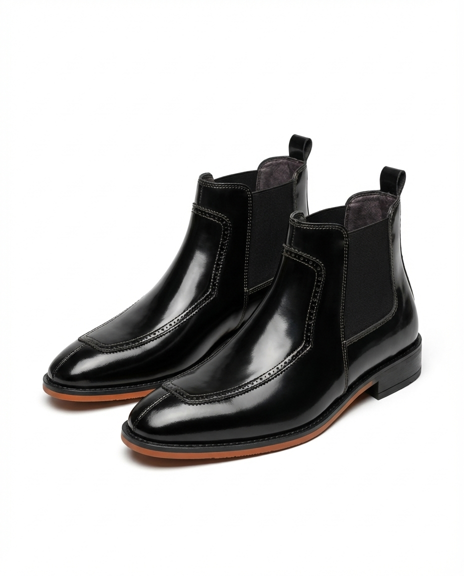 Leather Chelsea Boots with Brogue Detailing and Elastic Side Panels