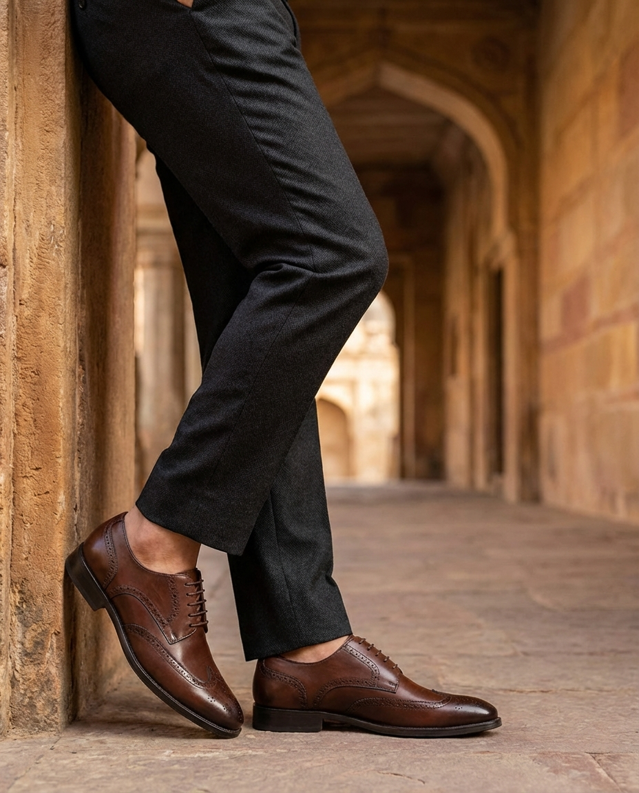 Full-Grain Leather Brogue Shoes with Patina Finish
