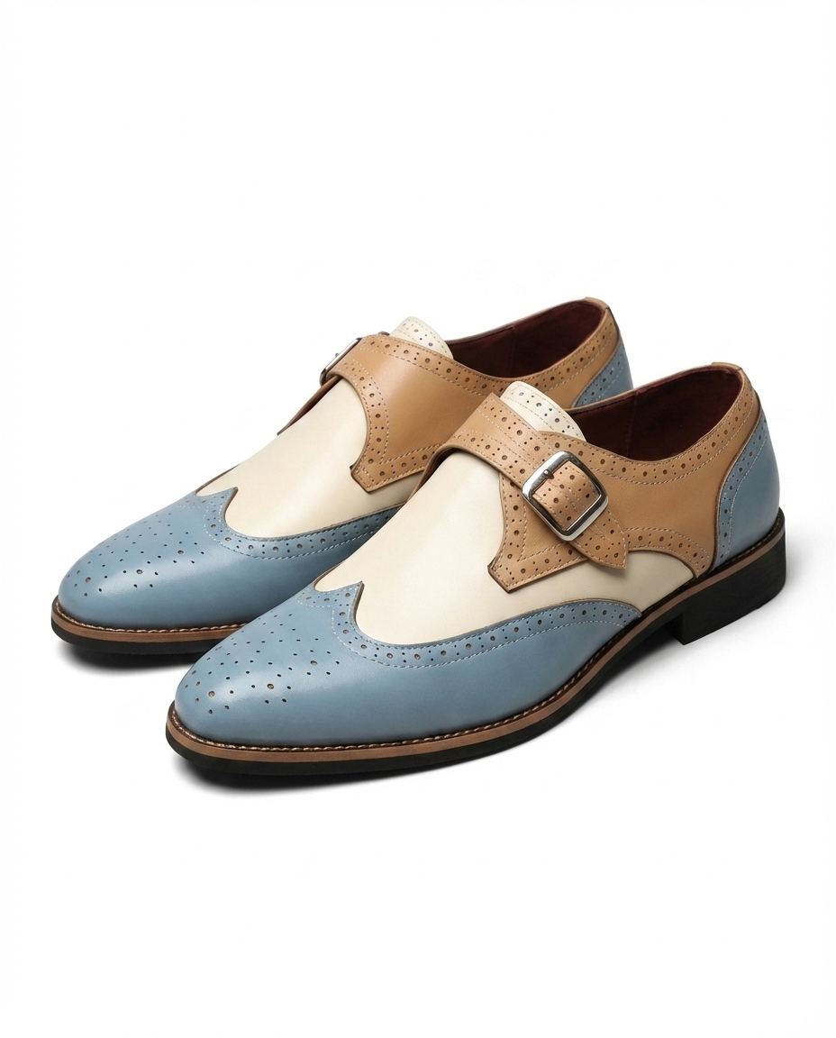 Leather Monk Strap Shoes with Wingtip Brogue Detail
