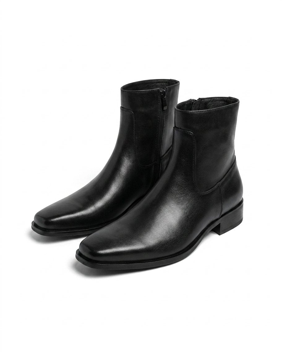 Burnished Full-Grain Leather Boots with Square Toe