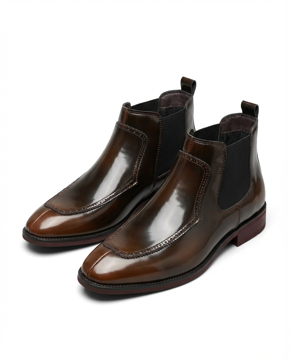 Leather Chelsea Boots with Brogue Detailing and Elastic Side Panels