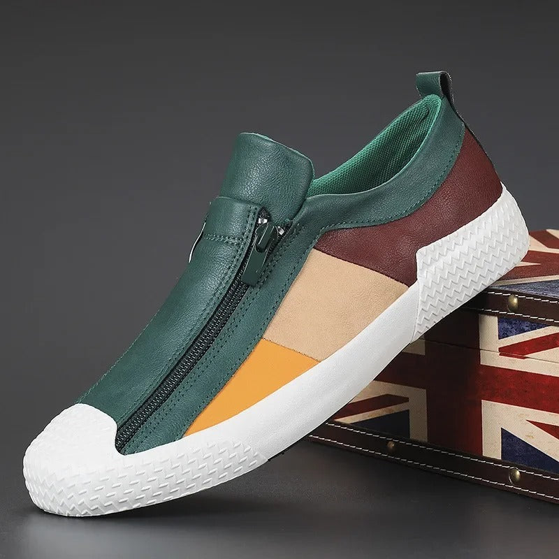 Leather Slip-On Sneakers with Color-Block Detail