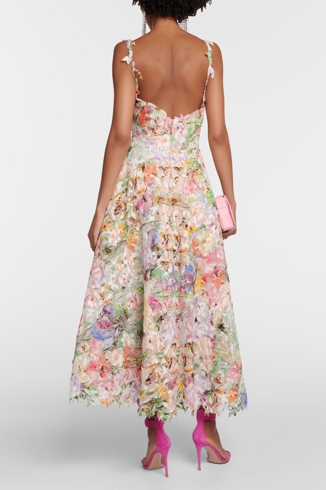 Violet Flower Embroidered Lace Midi-Length Dress