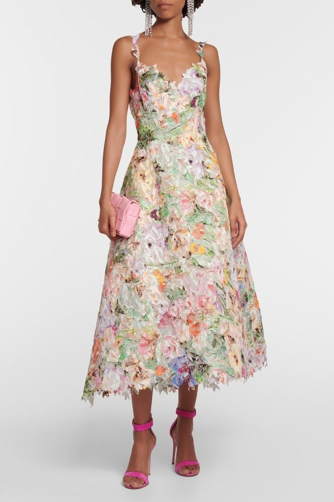 Violet Flower Embroidered Lace Midi-Length Dress