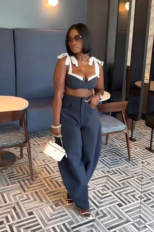 Stylish Retro Striped Wide-Leg Trousers Set