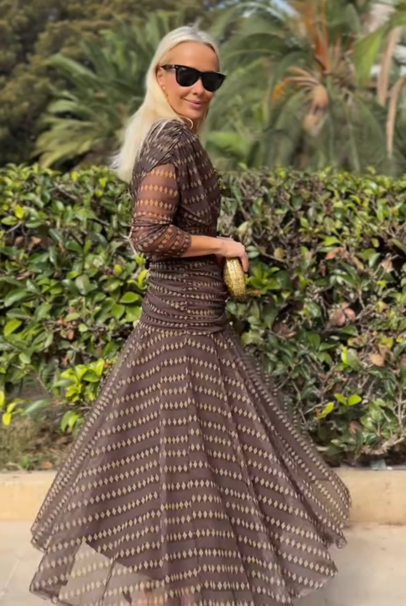 Boho Patterned V-Neck Mesh Maxi-Length Dress