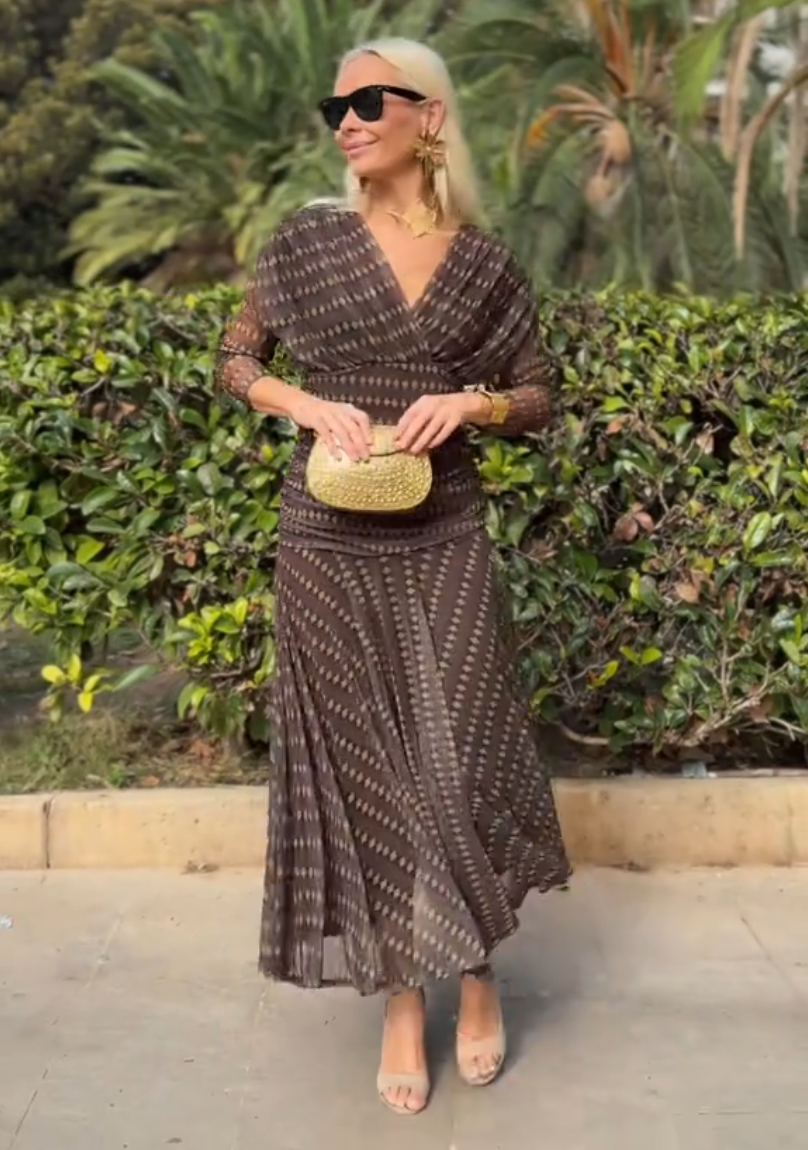 Boho Patterned V-Neck Mesh Maxi-Length Dress