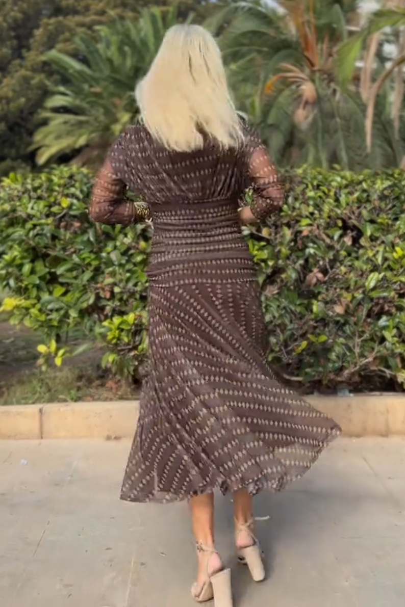 Boho Patterned V-Neck Mesh Maxi-Length Dress