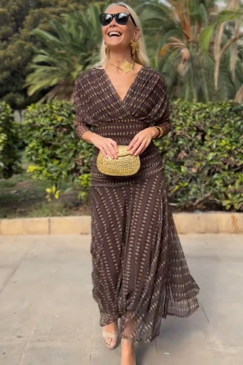 Boho Patterned V-Neck Mesh Maxi-Length Dress