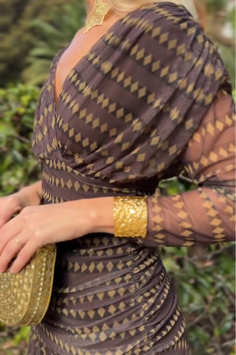 Boho Patterned V-Neck Mesh Maxi-Length Dress