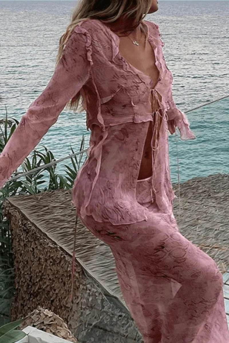 Modern Cobra Blouse Wood Ear Print Long Skirt Suit Two Pieces