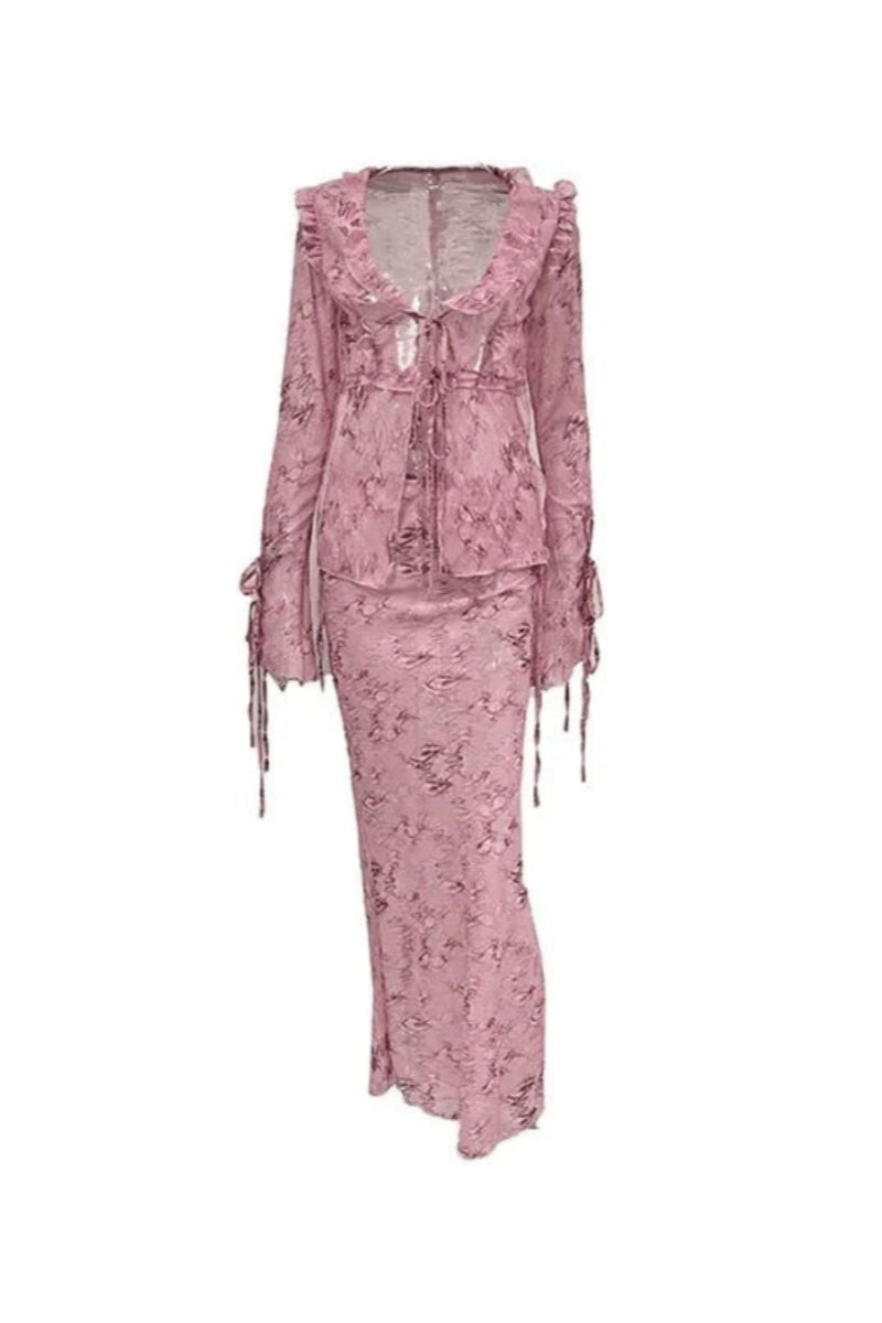 Modern Cobra Blouse Wood Ear Print Long Skirt Suit Two Pieces