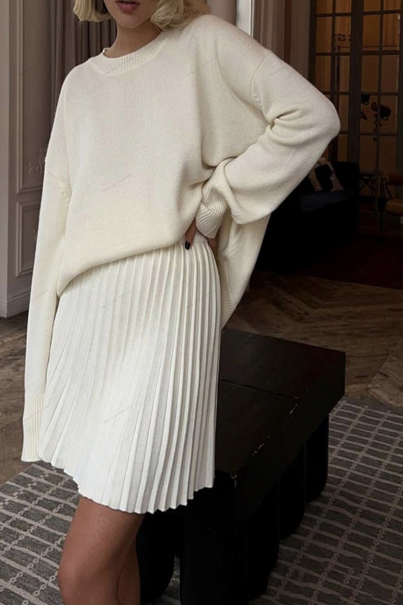 Solid Pullover Crew Neck Knit Sweater & Pleated Skirt Set