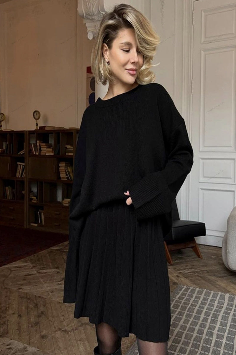 Solid Pullover Crew Neck Knit Sweater & Pleated Skirt Set