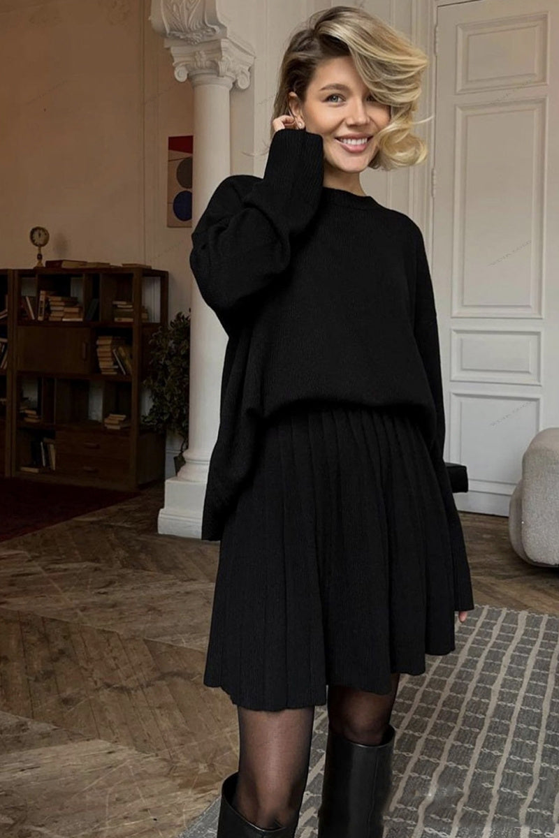 Solid Pullover Crew Neck Knit Sweater & Pleated Skirt Set