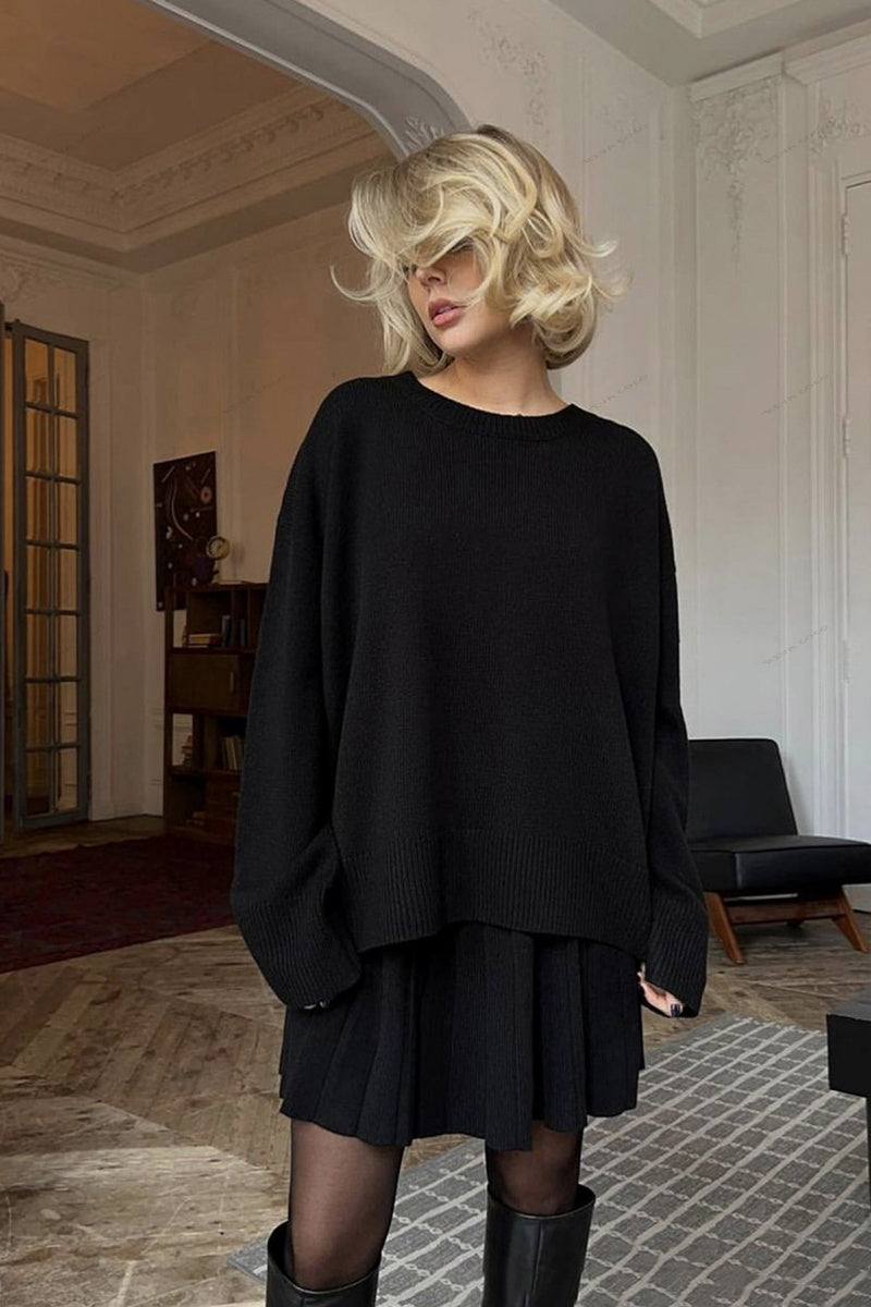 Solid Pullover Crew Neck Knit Sweater & Pleated Skirt Set