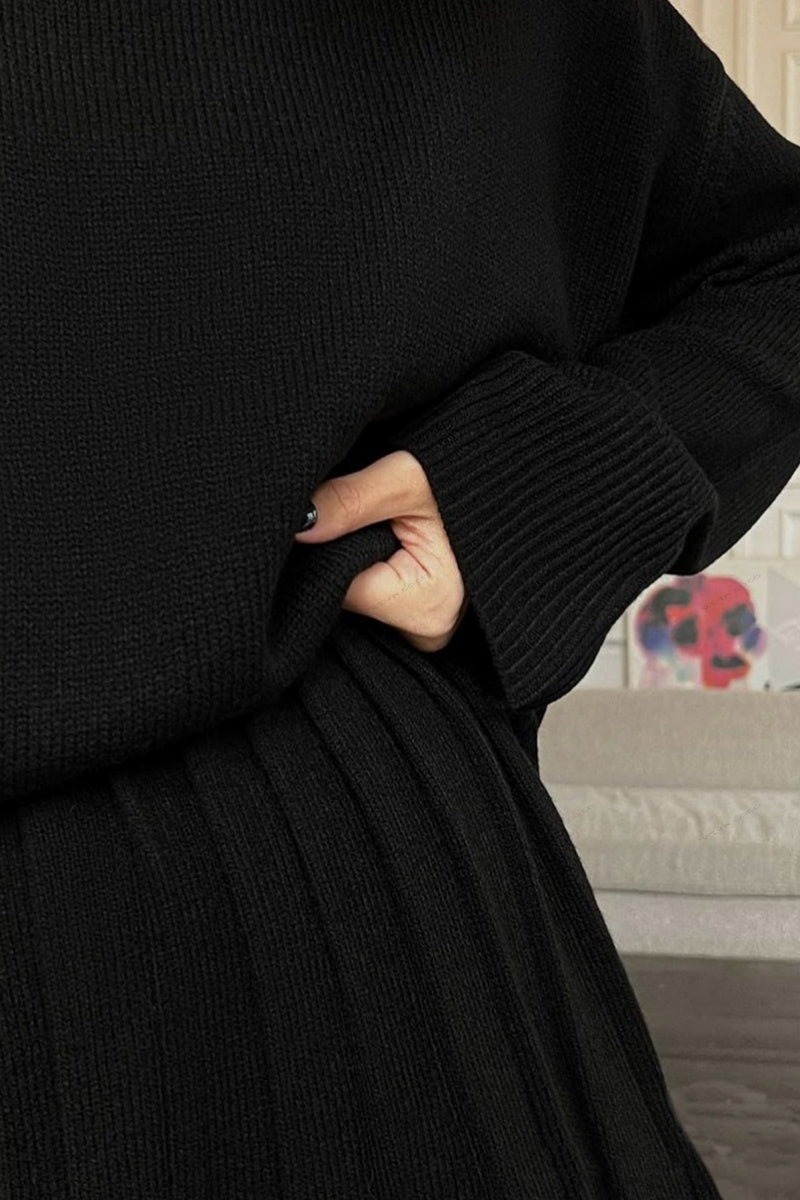 Solid Pullover Crew Neck Knit Sweater & Pleated Skirt Set