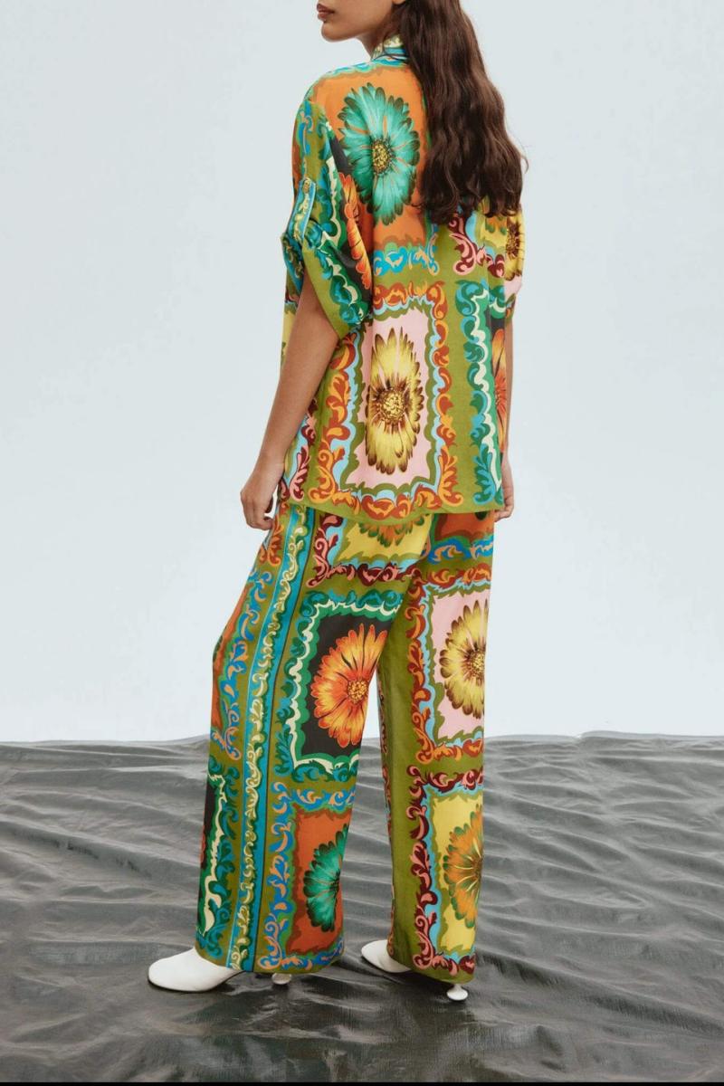 Distinctive Sunflower Print Wide-Leg Trousers-Set