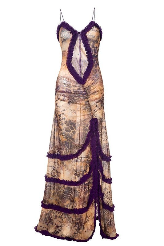 Yuri Patterned Cut-out Ruffled Slip Maxi-Length Dress